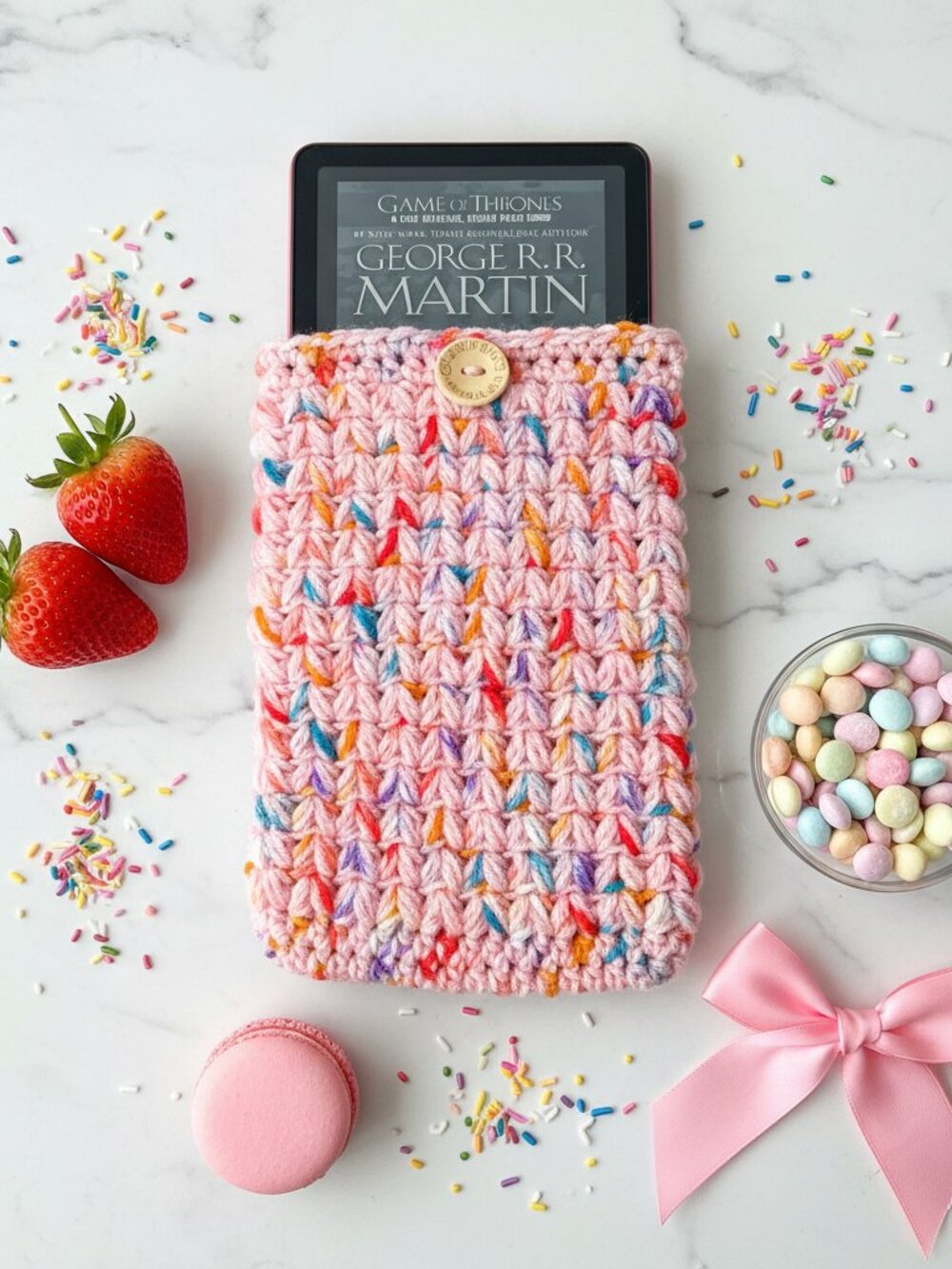 Kindle Paperwhite Sleeve — Strawberry Sprinkles Crochet E-Reader Paperback Cover